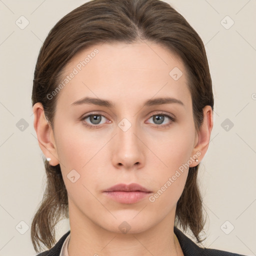 Neutral white young-adult female with medium  brown hair and grey eyes