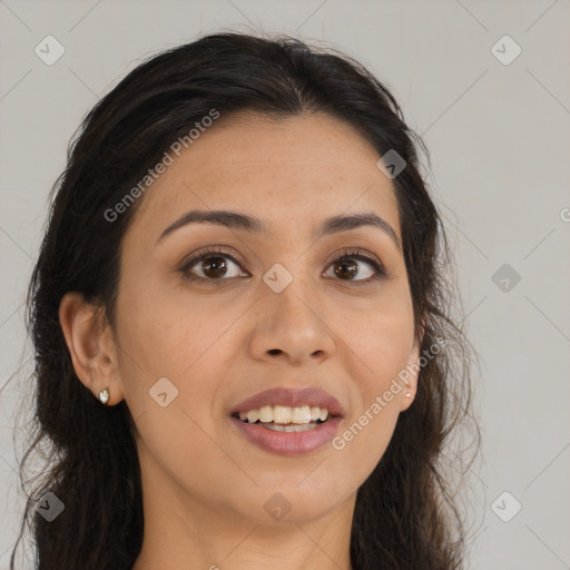 Joyful asian young-adult female with long  brown hair and brown eyes