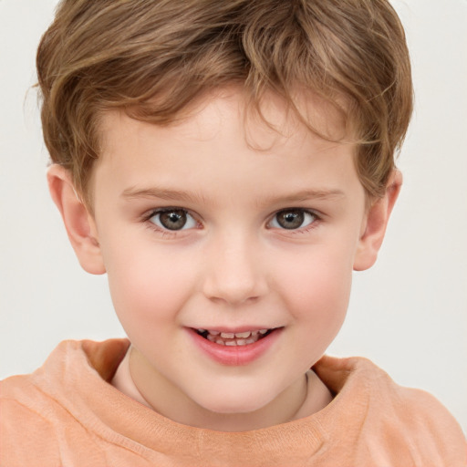 Joyful white child female with short  brown hair and brown eyes