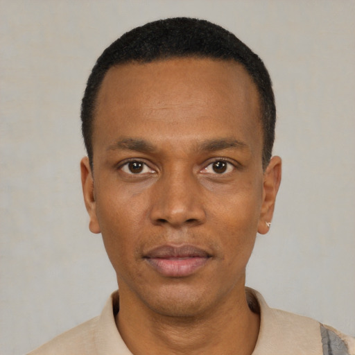 Neutral black young-adult male with short  black hair and brown eyes