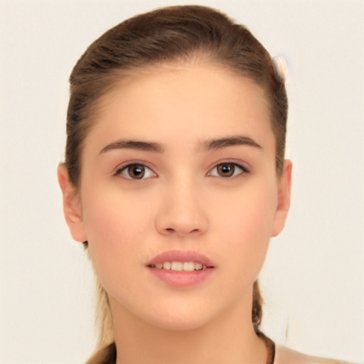 Neutral white young-adult female with long  brown hair and brown eyes