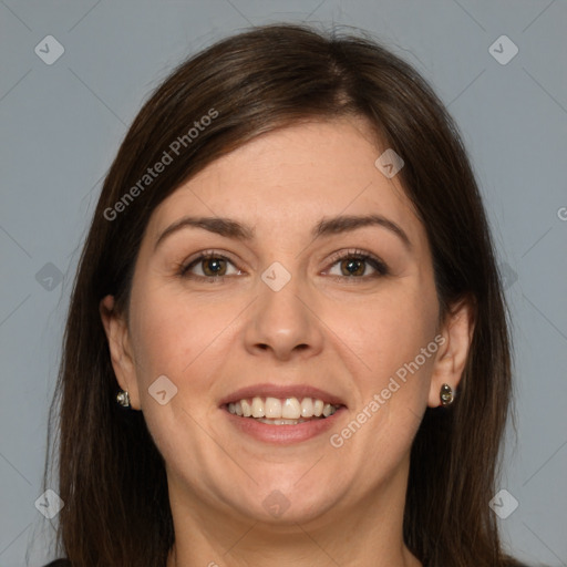 Joyful white young-adult female with medium  brown hair and brown eyes