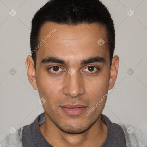 Neutral white young-adult male with short  black hair and brown eyes