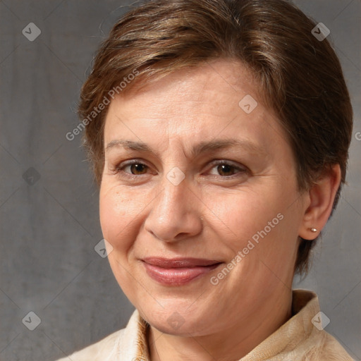 Joyful white adult female with medium  brown hair and brown eyes