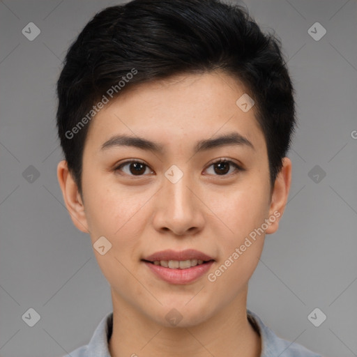 Joyful asian young-adult female with short  brown hair and brown eyes