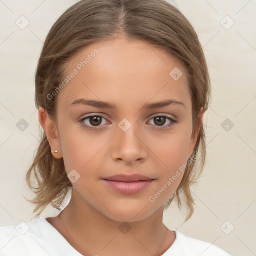 Joyful white child female with medium  brown hair and brown eyes