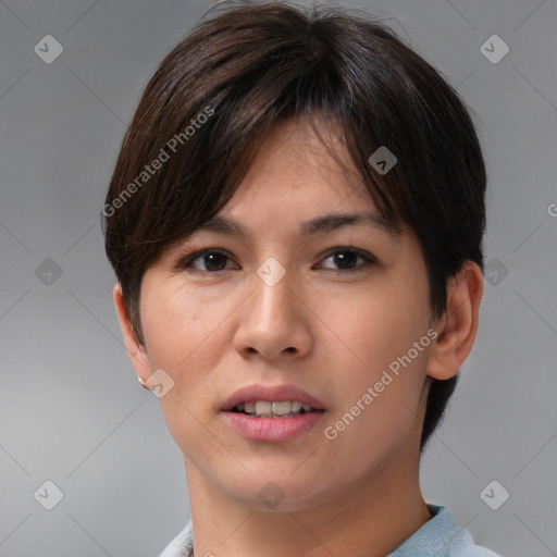 Neutral asian young-adult female with short  brown hair and brown eyes