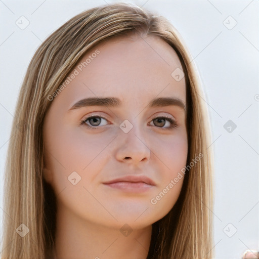 Neutral white young-adult female with long  brown hair and brown eyes