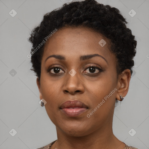 Neutral black young-adult female with short  black hair and brown eyes