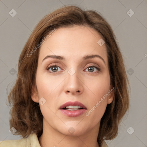 Joyful white young-adult female with medium  brown hair and green eyes