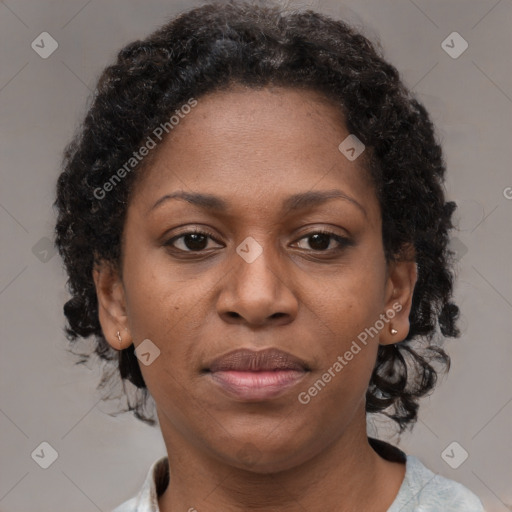 Joyful black adult female with short  brown hair and brown eyes