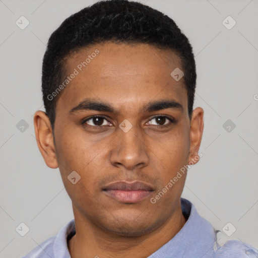 Neutral latino young-adult male with short  black hair and brown eyes