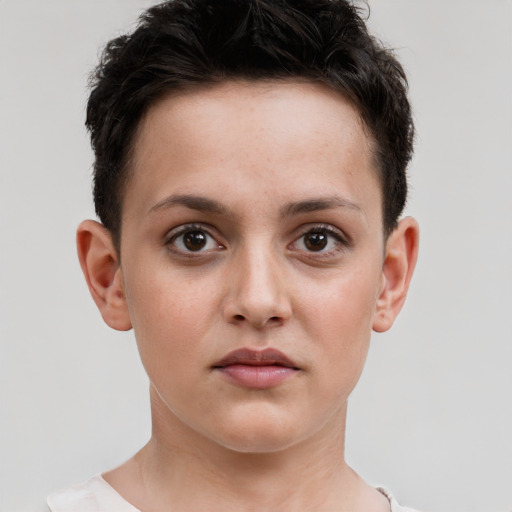 Neutral white young-adult female with short  brown hair and brown eyes