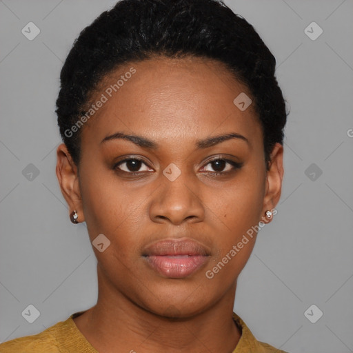 Joyful latino young-adult female with short  black hair and brown eyes