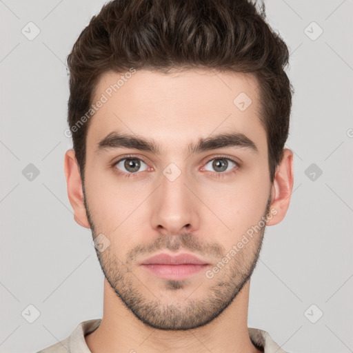 Neutral white young-adult male with short  brown hair and brown eyes