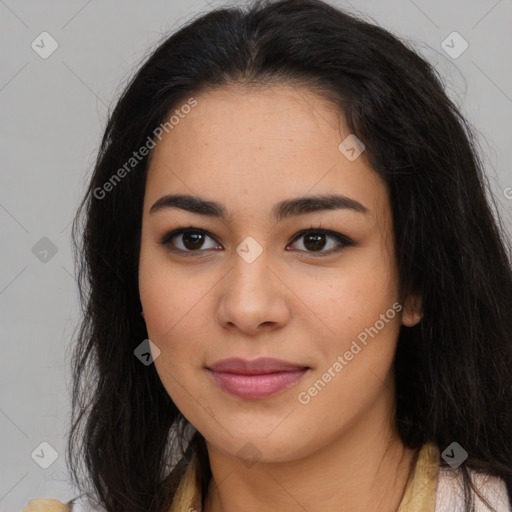 Joyful asian young-adult female with long  brown hair and brown eyes