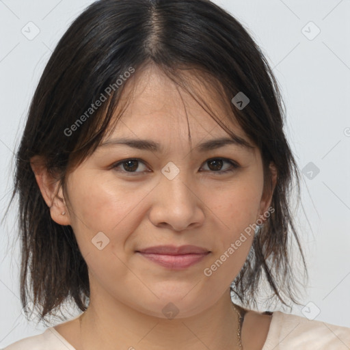 Joyful white adult female with medium  brown hair and brown eyes