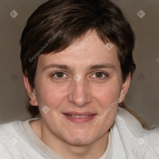 Joyful white adult female with short  brown hair and brown eyes