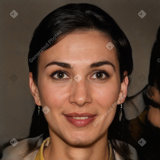 Joyful white adult female with short  brown hair and brown eyes