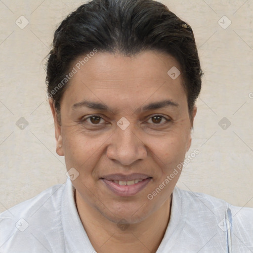 Joyful white adult female with short  brown hair and brown eyes