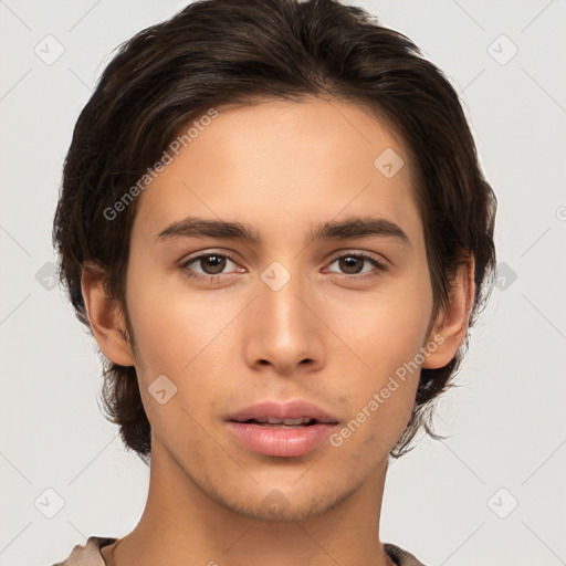 Neutral white young-adult male with short  brown hair and brown eyes