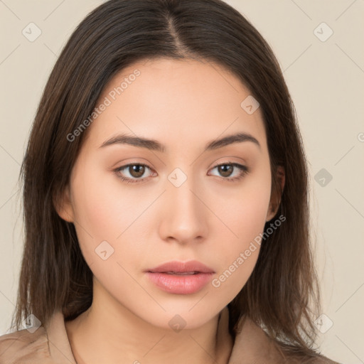 Neutral white young-adult female with medium  brown hair and brown eyes