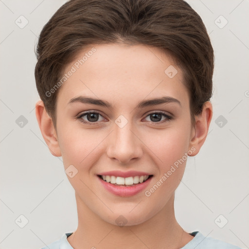 Joyful white young-adult female with short  brown hair and brown eyes