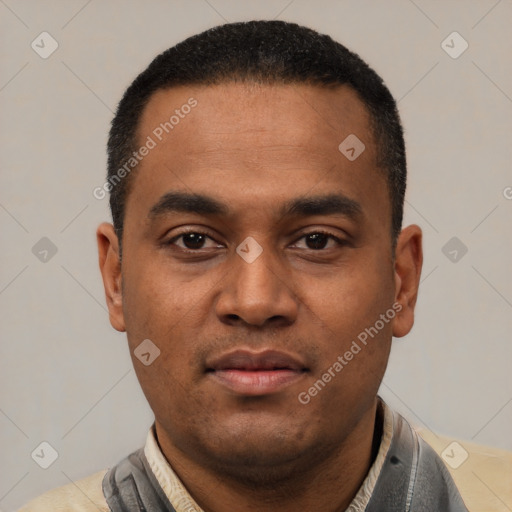 Neutral latino young-adult male with short  black hair and brown eyes