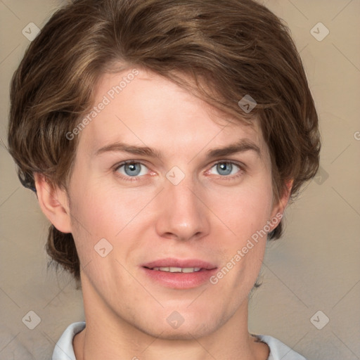 Joyful white young-adult female with medium  brown hair and blue eyes