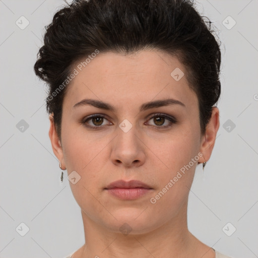 Neutral white young-adult female with short  brown hair and brown eyes