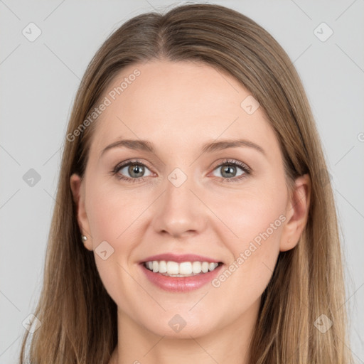 Joyful white young-adult female with long  brown hair and grey eyes