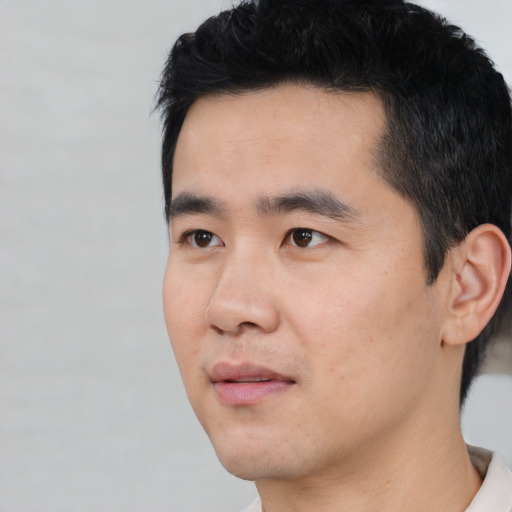 Neutral asian young-adult male with short  black hair and brown eyes
