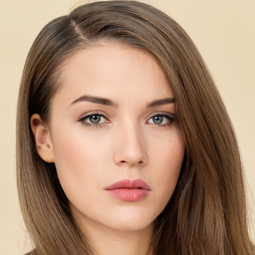 Neutral white young-adult female with long  brown hair and brown eyes