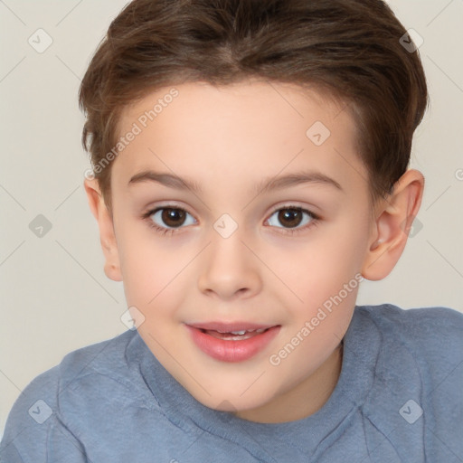 Joyful white child female with short  brown hair and brown eyes