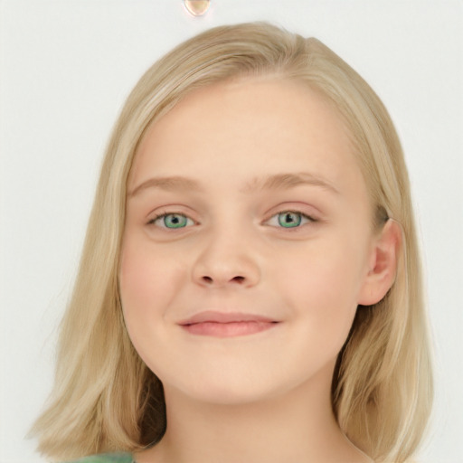 Joyful white child female with long  brown hair and blue eyes