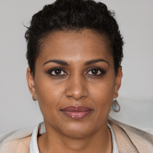 Joyful black young-adult female with short  brown hair and brown eyes