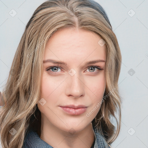 Neutral white young-adult female with medium  brown hair and grey eyes