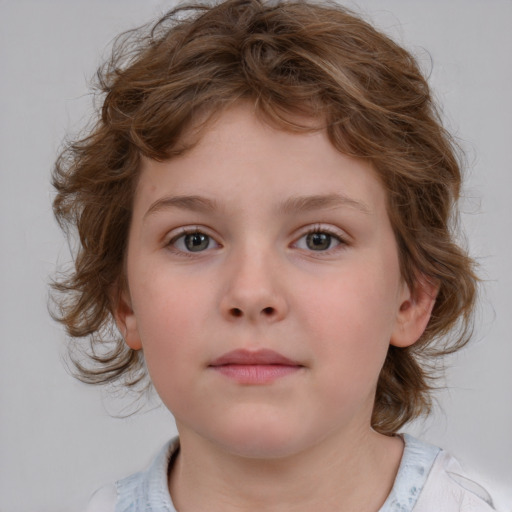 Neutral white child female with medium  brown hair and blue eyes