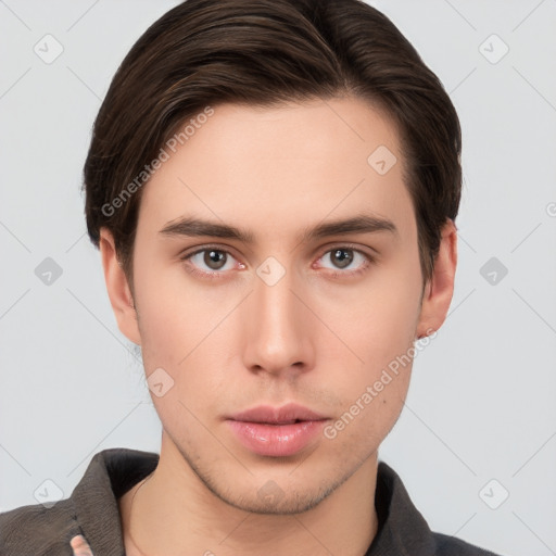 Neutral white young-adult male with short  brown hair and brown eyes