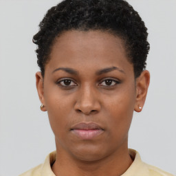 Neutral black young-adult female with short  brown hair and brown eyes