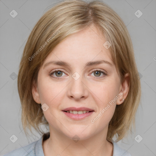 Joyful white young-adult female with medium  brown hair and blue eyes