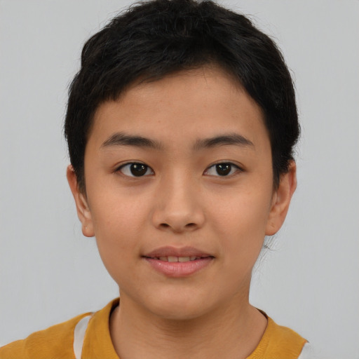 Joyful asian young-adult female with short  black hair and brown eyes
