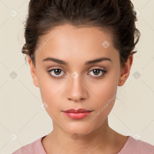 Neutral white young-adult female with short  brown hair and brown eyes