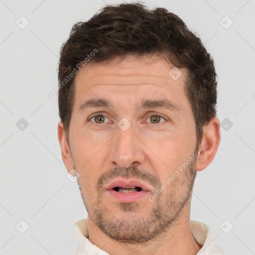 Neutral white adult male with short  brown hair and brown eyes