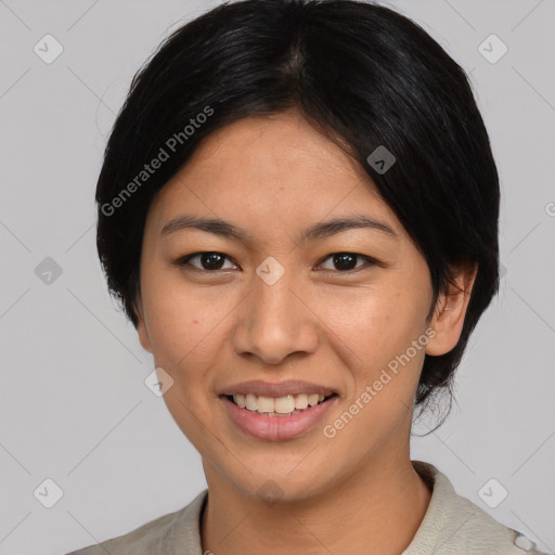 Joyful asian young-adult female with medium  black hair and brown eyes