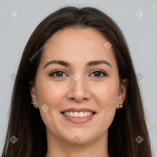 Joyful white young-adult female with long  brown hair and brown eyes