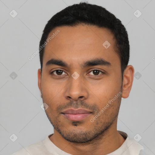 Neutral latino young-adult male with short  black hair and brown eyes