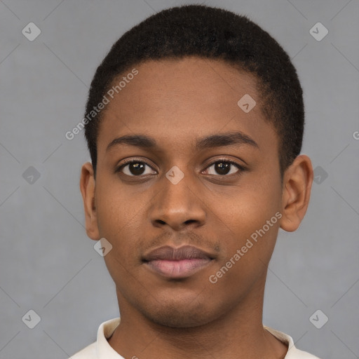 Neutral black young-adult male with short  brown hair and brown eyes