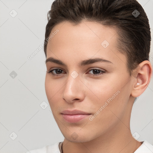 Neutral white young-adult female with short  brown hair and brown eyes