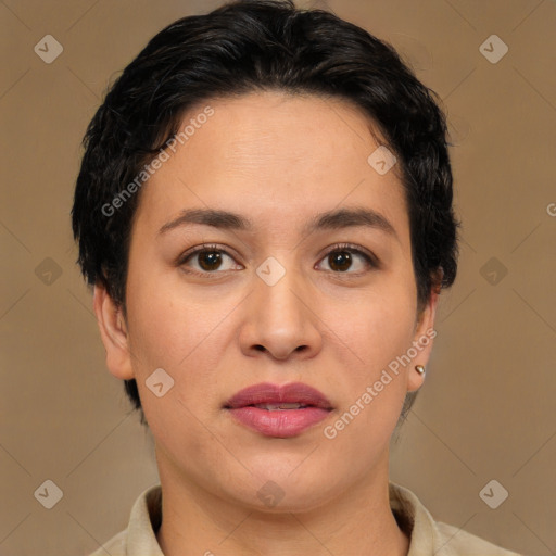 Joyful white adult female with short  brown hair and brown eyes